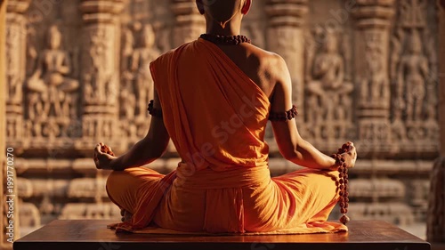 Monk meditating in lotus pose wearing orange robes, serene spiritual practice, ancient temple background, calm peaceful atmosphere, wellness and mindfulness