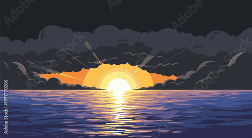 A pixelated sunset erupts through dark clouds, casting golden light on choppy ocean waves