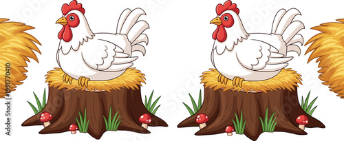 Cute chicken sitting on nest on tree stump with grass and mushrooms, farm animal cartoon illustration, colorful vector design