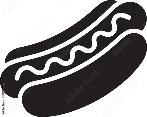 Black and white minimalist of a hot dog with wavy mustard sausage condiment