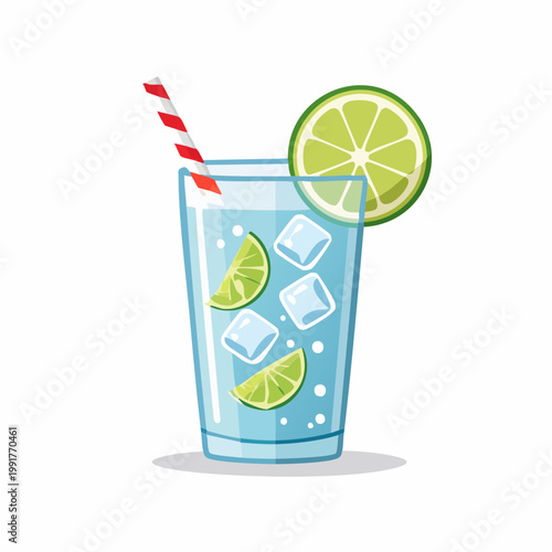 Refreshing drink with lime, ice, and straw