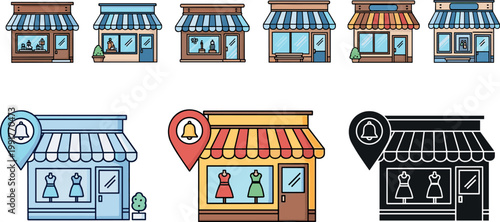 Shop storefront icons set with boutique buildings and retail stores, small business facades collection, modern flat vector illustration