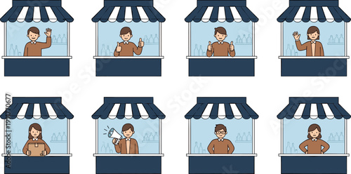 Street vendor kiosk set with seller characters in market stalls, small business retail scenes, modern flat vector illustration collection
