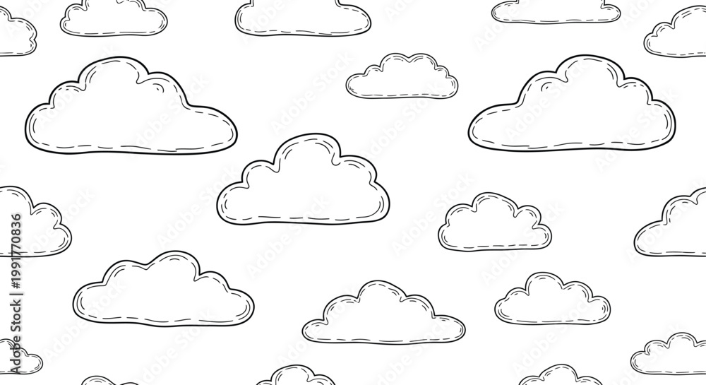 Fototapeta premium Clouds, white background, hand drawn clouds, vector graphics, illustrations, seamless pattern