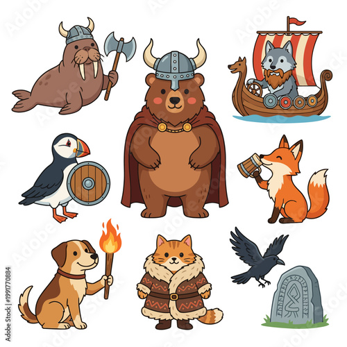A collection of cute cartoon animals dressed as Vikings and medieval characters, including a walrus, bear, wolf, puffin, fox, dog, cat, and raven with a runic stone.