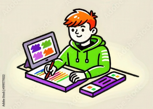Digital Artwork of a Boy Drawing on a Tablet
