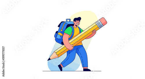 A young student boy carrying a giant pencil on his back.