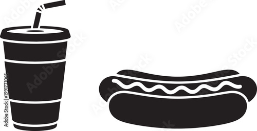 Black and white of a soda cup with straw and a hot dog fast food