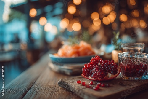Fresh pomegranate and glass of juice on wooden table at dusk