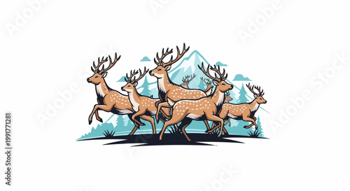 A herd of spotted deer gallops across a snowy mountain landscape with pine trees