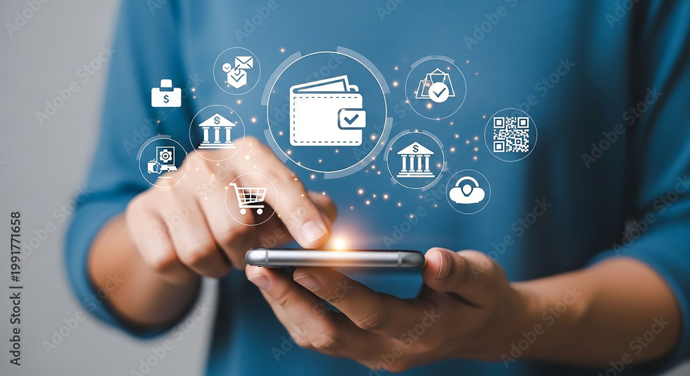 Fototapeta premium Digital Wallet: Person uses smartphone to access a digital wallet and financial icons, symbolizing modern financial transactions.