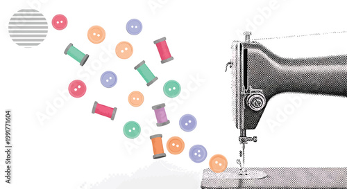 Sewing machine, colorful buttons and threads, gray metallic, craft supplies, sewing notions