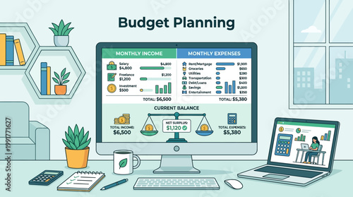 Graphic illustration showing budget planning with monthly income versus expenses and a current balance depicted on a computer screen and laptop.