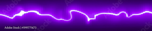 Lightning bolt cuts across the dark frame with a jagged arc of intense purple electricity to symbolize high voltage power, raw natural energy, and sudden atmospheric discharge.