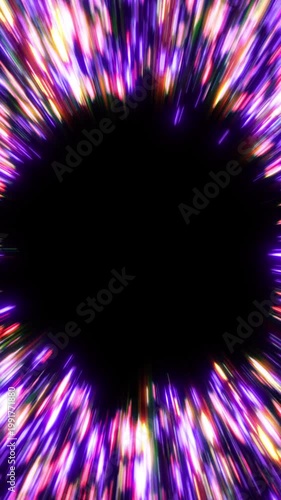  Abstract glowing portal with fast moving neon light streaks. An energetic visual loop designed for modern technology, space travel concepts, and dynamic music videos