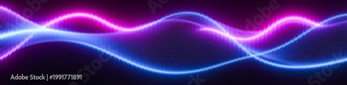 Lines of glowing neon purple and cool blue light intertwine in a rhythmic dance to visualize the seamless integration of artificial intelligence and advanced digital information.