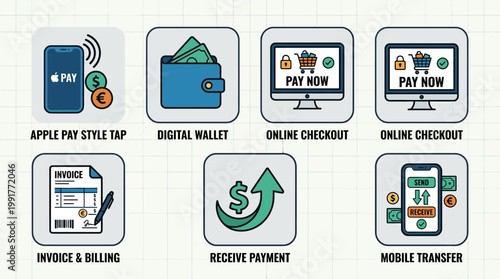 Collection of financial icons illustrating modern digital payment methods including mobile transfers online checkouts digital wallets and professional billing invoice systems