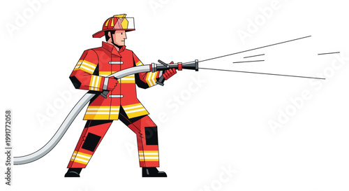 A brave firefighter in full protective gear spraying water from a fire hose.