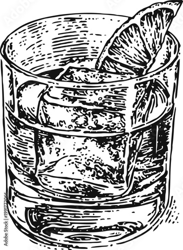 Whiskey glass with ice cubes and lemon wedge detailed vintage drawing for classic drink illustration