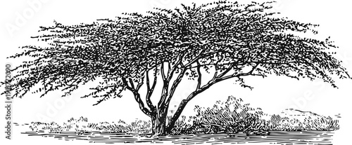 Acacia tree silhouette with wide canopy, detailed botanical drawing in black and white