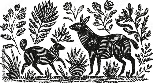 Vintage black and white woodcut of two deer surrounded by foliage and plants in nature