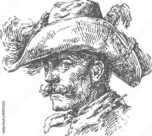 vintage cavalier portrait with feathered hat and mustache detailed pencil sketch