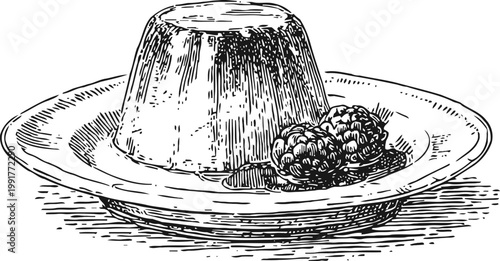 Vintage illustration of panna cotta dessert with berries on a plate, classic italian sweet treat