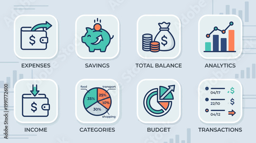 Set of eight colorful financial icons representing various banking operations including expenses savings balance analytics income categories budget and transactions
