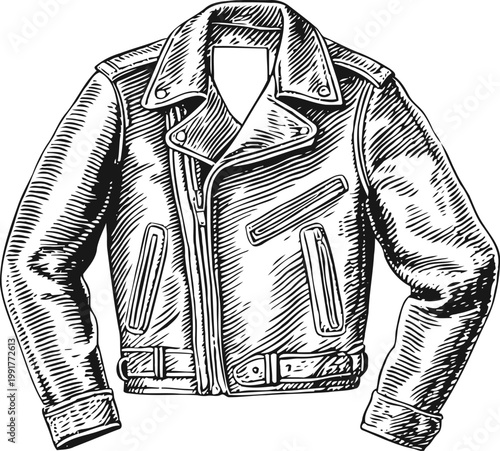 Classic leather biker jacket illustration with detailed stitching and zipper accents