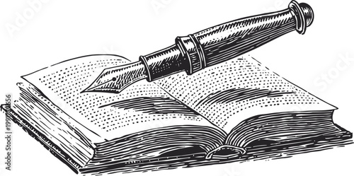vintage ink pen resting on an open old book with detailed engraving lines