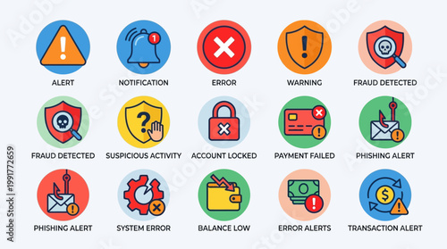 A comprehensive set of security and alert icons for digital interfaces, representing various potential online threats and system warnings.