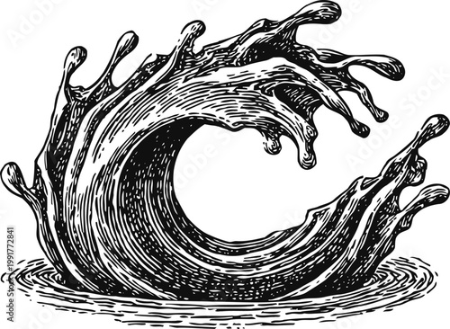 vintage black and white illustration of a dynamic ocean wave splash curling in water