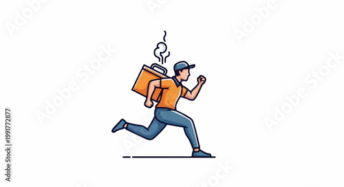 A hurried delivery person runs with a hot insulated bag, carrying food