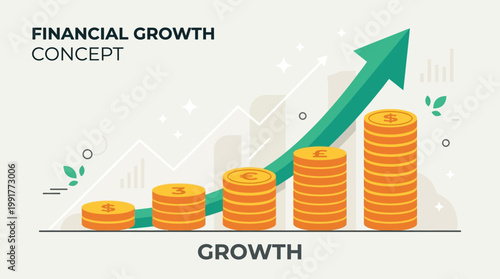 Stacks of gold coins rise with an upward pointing green arrow representing economic success and profit in a modern market