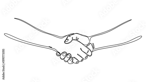 Continuous line drawing of a firm handshake between two people.