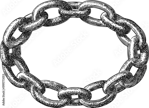 Vintage circular chain with heavy metal links in antique engraving isolated on white background
