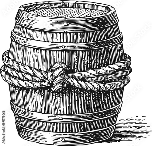 Vintage wooden barrel with rope tied around it, rustic container for storage and transport
