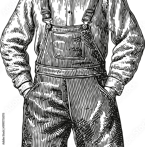 Vintage illustration of man wearing striped overalls with hands in pockets, casual workwear
