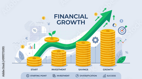 Gold coins stacked as bar charts with a rising green arrow symbolizing successful progress and positive wealth accumulation over time