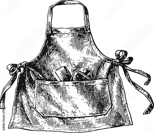 Vintage apron with front pocket filled with baking utensils, rustic kitchen cooking accessory illustration