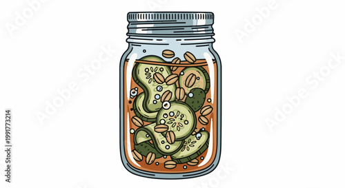 A jar filled with sliced cucumbers and spices submerged in liquid, topped with a metal lid