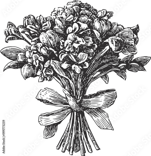 elegant vintage floral bouquet with ribbon tie hand drawn ornamental flowers and leaves art