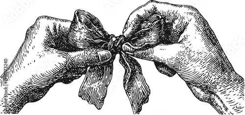 Hands tying a ribbon bow with intricate texture and detailed shading illustration