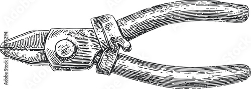 Vintage pliers illustration hand drawn detailed drawing of old metal tool for gripping and cutting