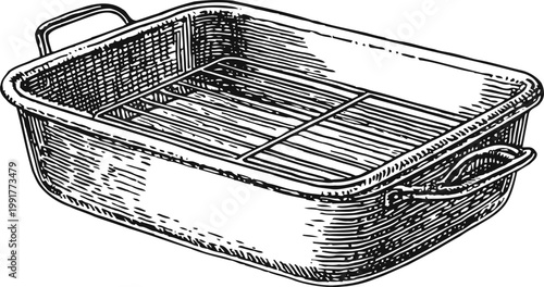 Rectangular roasting pan with handles, vintage engraved kitchenware illustration