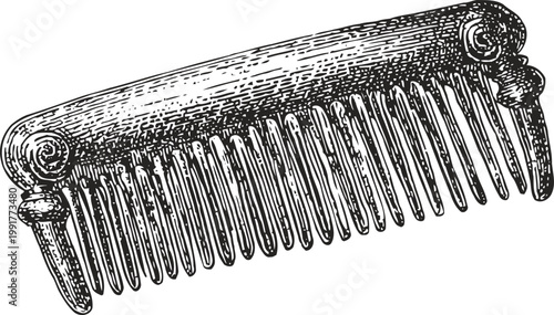 Ancient wooden comb with carved spiral decorations, vintage grooming tool illustration