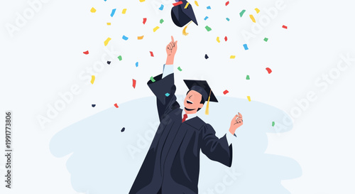 Happy male graduate throwing his cap in celebration.