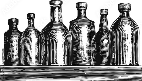 vintage glass bottles illustration antique container collection with various shapes and sizes, black and white engraving