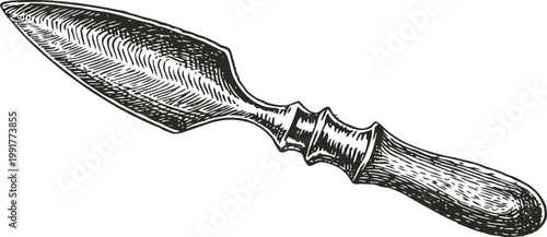 Vintage hand drawn spearhead with wooden handle illustration historical weapon engraving design