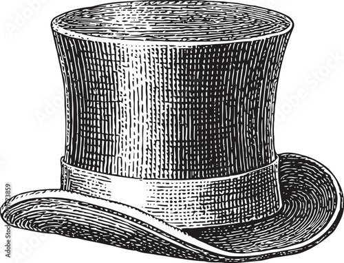 Vintage top hat illustration classic gentleman's tall hat with ribbon band, victorian fashion accessory drawing